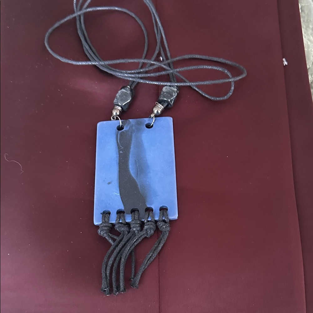 Blue Rectangular Pendant Necklace with Black Tassels